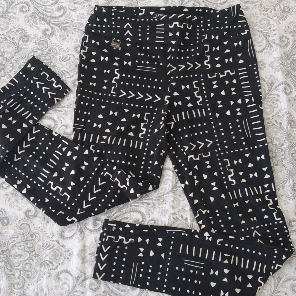 Lisette L Montreal Pants Sz 8 Black White Print Stretch Pull On Ankle Texture
